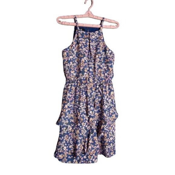 iZ Byer Ruffled Tank Summer Dress Blue Floral Sleeveless Casual Size Medium - Picture 1 of 8